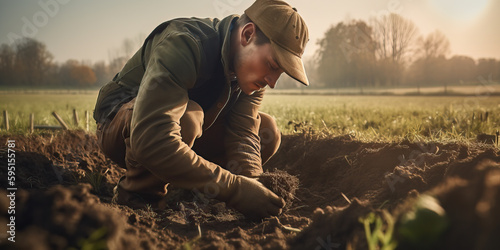 Regenerative farming concept, A young farmer planting seeds in a fertile field using a no-till drill, captured withwarm sunlight, Generative, AI photo