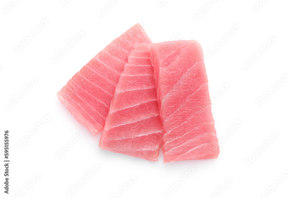 Tasty sashimi (pieces of fresh raw tuna) on white background, top view Tasty sashimi (pieces of fresh raw tuna) on white background, top view
