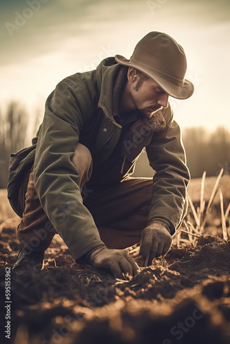 Regenerative farming concept, A young farmer planting seeds in a fertile field using a no-till drill, captured withwarm sunlight, Generative, AI