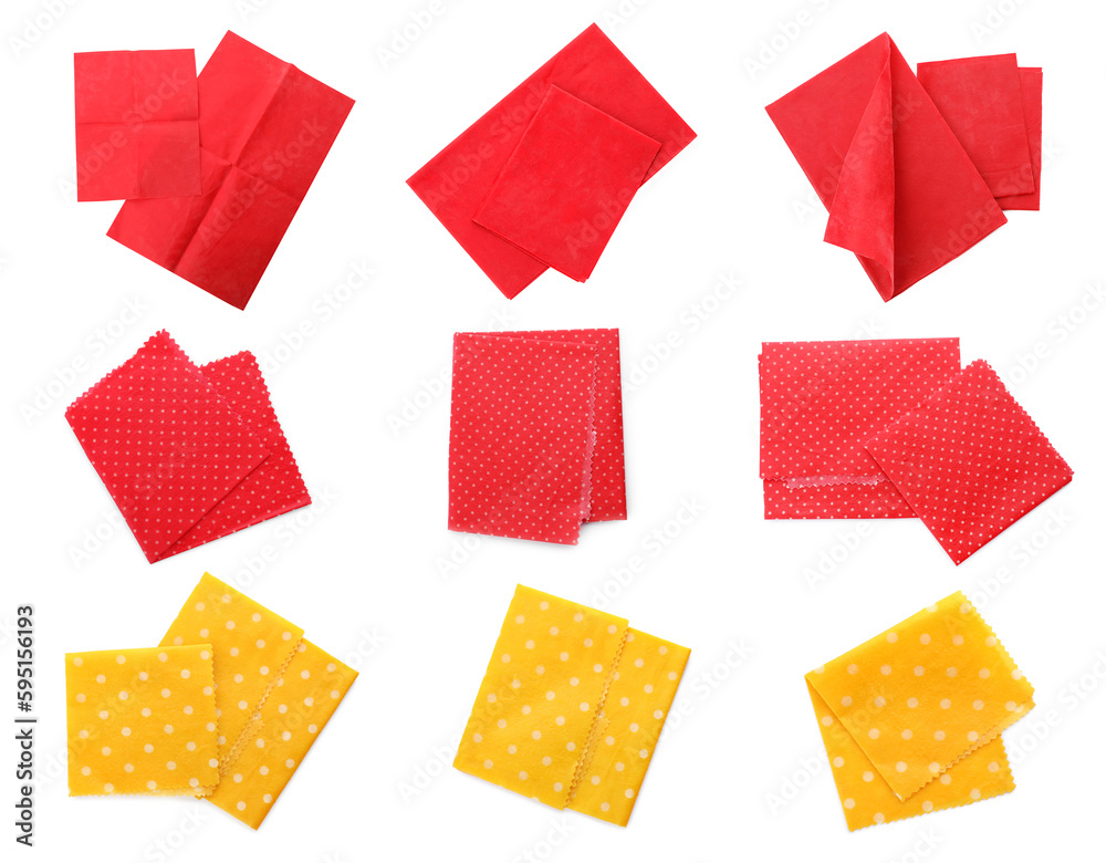 Set of beeswax food wraps on white background, top view Set of beeswax food wraps on white background, top view