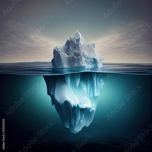 An underwater perspective of a gigantic iceberg floating peacefully in the ocean, creating a stunning backdrop for any creative project. AI Generative.
