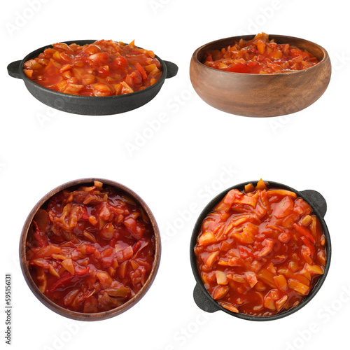 Collage of lecho in dishware on white background, top and side views