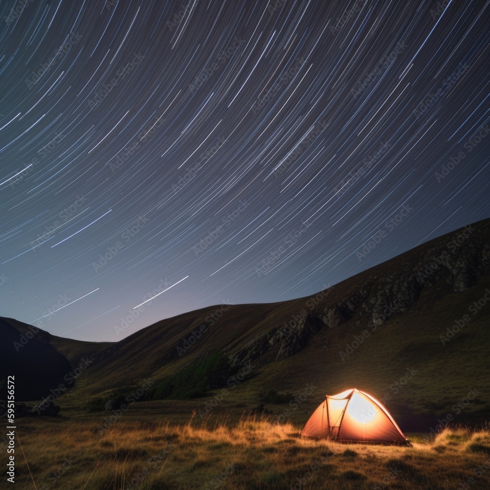 Tent in the Mountains at night with Star Trails