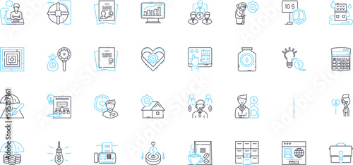 Liability insurance linear icons set. Coverage, Protection, Risk, Coverage limits, Claims, Insurance policy, Damages line vector and concept signs. Premiums,Compensation,Negligence outline