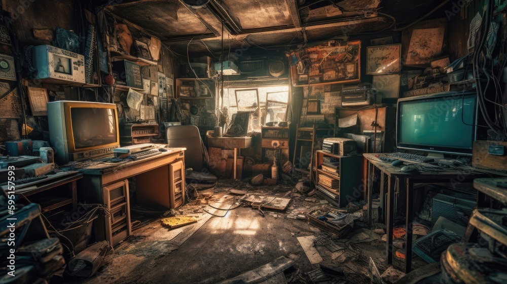 custom made wallpaper toronto digitalRealistic Post Apocalypse Landscape illustration of gamers room at sunrise generative ai