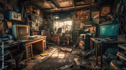 Realistic Post Apocalypse Landscape illustration of gamers room at sunrise generative ai