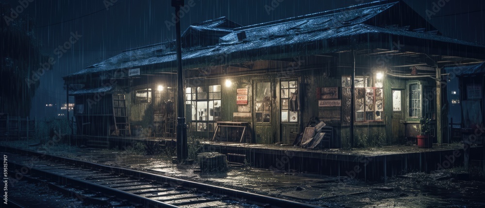 Realistic Post Apocalypse Landscape illustration of night station rainy generative ai