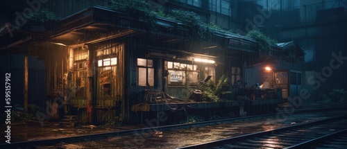 Realistic Post Apocalypse Landscape illustration of night station in the rain and moonlight generative ai