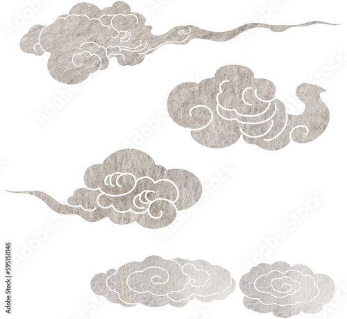 Grey brush stroke texture with Japanese chinses cloud pattern in vintage style. Abstract art landscape banner design with watercolor texture vector.