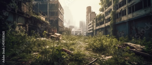 Realistic Post Apocalypse Landscape illustration of day city pano generative ai