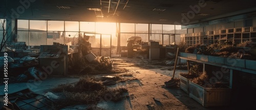 Realistic Post Apocalypse Landscape illustration of abandoned store on sunset generative ai