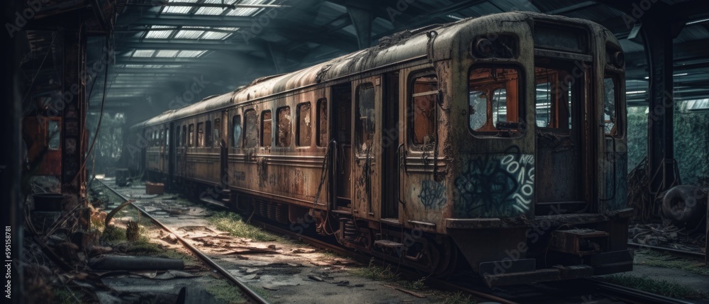 Realistic Post Apocalypse Landscape illustration of corrosion railway carriage 2 generative ai
