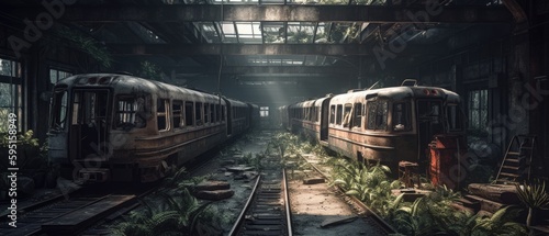 Realistic Post Apocalypse Landscape illustration of railway station and trains generative ai