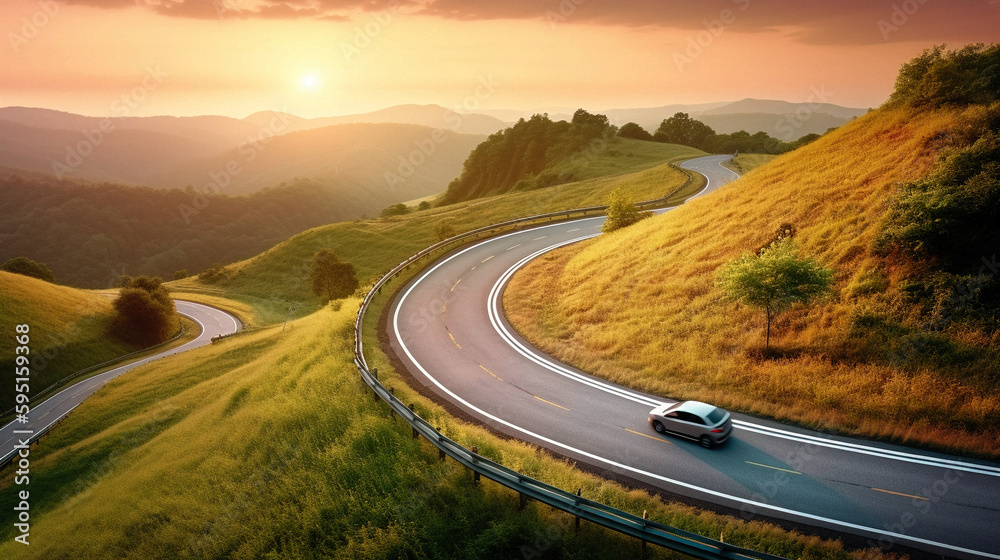 Fototapeta premium Car on Winding Mountain Road - generative AI