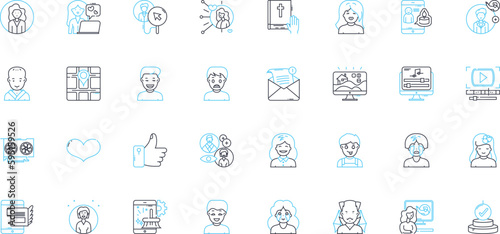 Social branding linear icons set. Identity, Messaging, Reputation, Engagement, Perception, T, Trust line vector and concept signs. Storytelling,Authenticity,Consistency outline illustrations