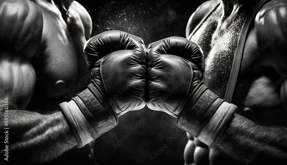 Black and White Image of Male Fists in Boxing Taping, Generative AI - obrazy, fototapety, plakaty 