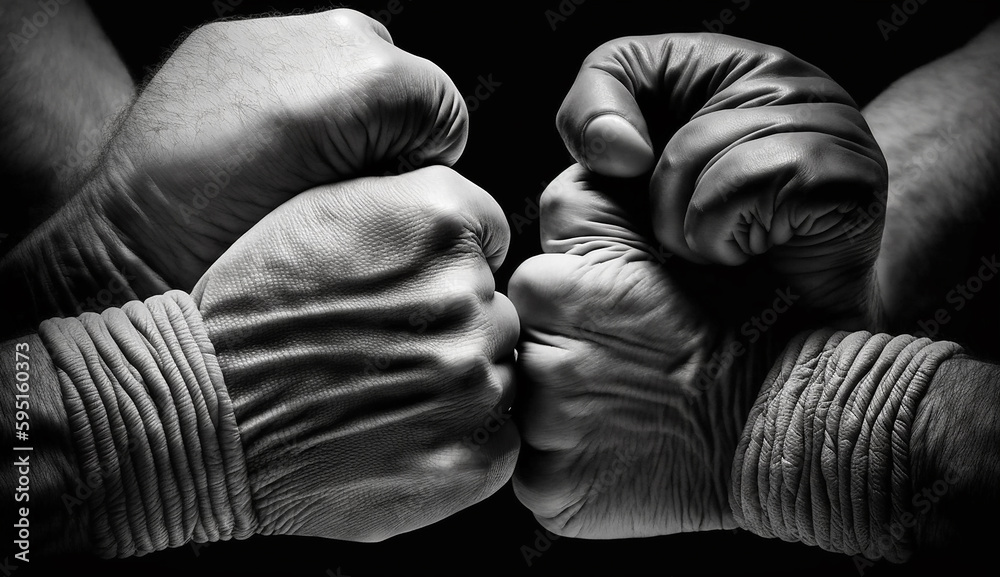 Black and White Image of Male Fists in Boxing Taping, Generative AI - obrazy, fototapety, plakaty 