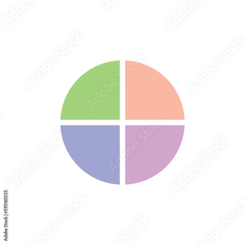 Four parts of circle. Pie chart with four same size sectors. Vector illustration isolated on white background.