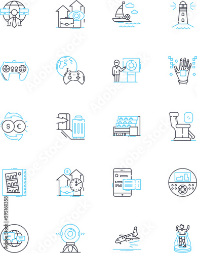 Cyberspace realm linear icons set. Virtuality, Matrix, Multimedia, Internet, Digitality, Cybernetics, Hyperspace line vector and concept signs. Cybersphere,Interconnectedness,Virtual reality outline