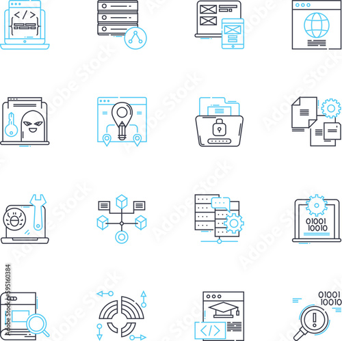 Data security linear icons set. Encryption, Cybersecurity, Privacy, Authentication, Compliance, Malware, Passwords line vector and concept signs. Firewall,Vulnerability,Risk outline illustrations