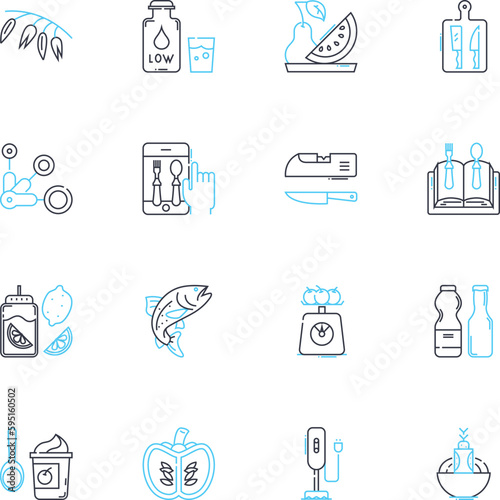 Gastronomy goods linear icons set. Truffles, Olive oil, Caviar, Foie gras, Cheese, Chocolate, Coffee line vector and concept signs. Tea,Spices,Vinegar outline illustrations