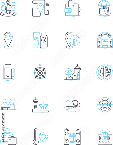 Road atlas linear icons set. Navigation, Directions, Highways, Maps, Interstates, Travel, Roads line vector and concept signs. Destinations,Route,Mileage outline illustrations