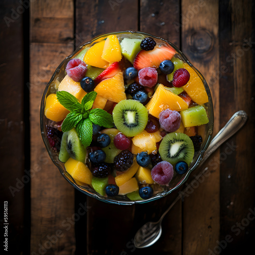 Delicious Vibrant Fruit Salad, Kiwi, Strawberry, Grapes, Mint, Mango