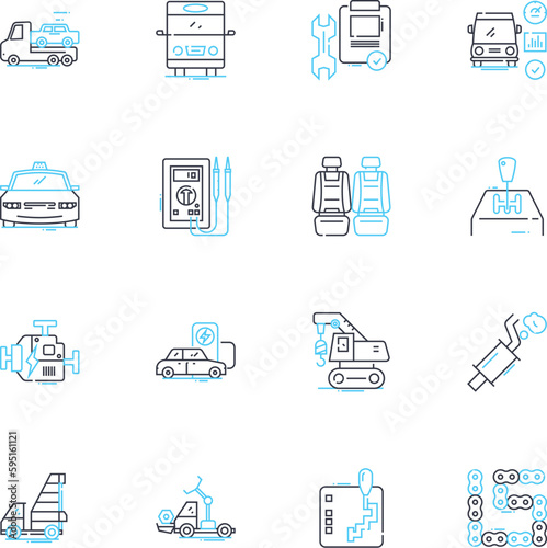 Auto exhibition linear icons set. Innovations, Design, Performance, Luxury, Sustainability, Speed, Efficiency line vector and concept signs. Showrooms,Safety,Classics outline illustrations