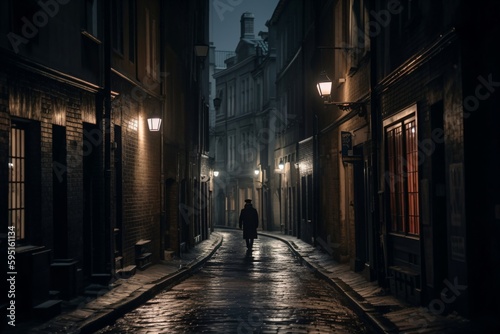 a man walks through a small dark alley in an old town created with Generative AI technology