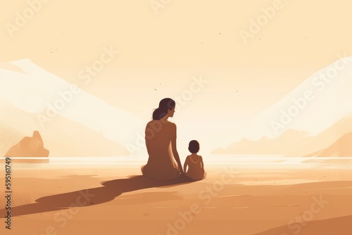 Mother s Day illustration with a minimalist style that showcases a mother and child enjoying a peaceful day at the beach. Soft  muted tones. Generative AI