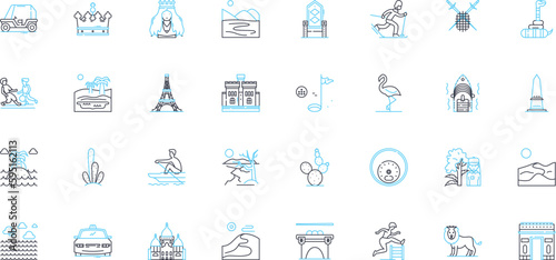 Expedition linear icons set. Adventure, Exploration, Journey, Trek, Quest, Safari, Roaming line vector and concept signs. Questing,Odyssey,Pilgrimage outline illustrations