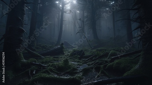 dark forest, digital art illustration, Generative AI