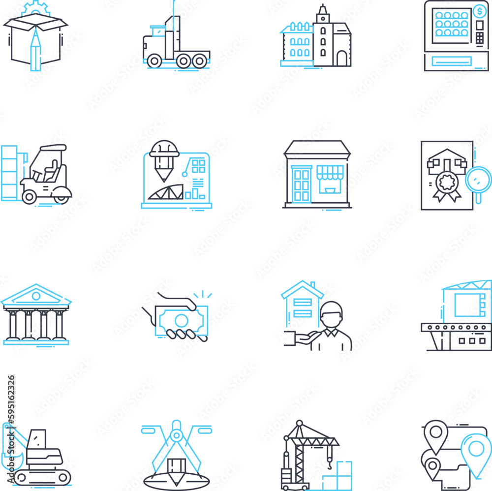 Construction firm linear icons set. Renovation, Excavation, Foundation, Demolition, Carpentry, Plumbing, Electrical line vector and concept signs. Concrete,Masonry,Roofing outline illustrations