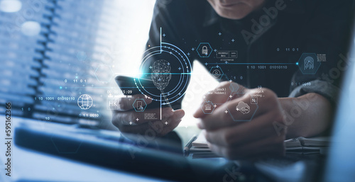 Slika na platnu Cyber security system, biometric identification, data protection technology concept