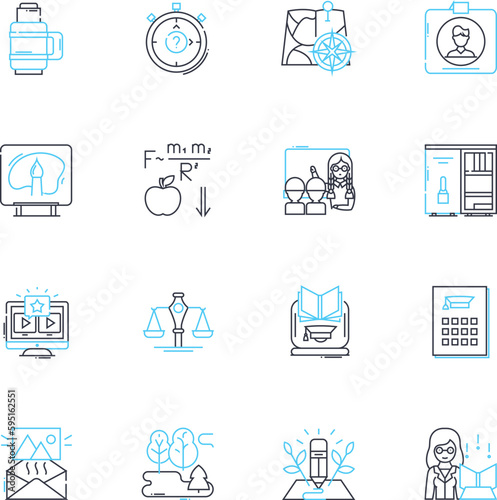 Community college linear icons set. Education, Affordable, Opportunity, Diversity, Inclusive, Accessible, Vocational line vector and concept signs. Transferable,Supportive,Local outline illustrations