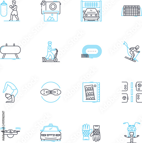 Fitness world linear icons set. Workout, Strength, Cardio, Exercise, Gym, Yoga, Pilates line vector and concept signs. Nutrition,Muscle,Health outline illustrations