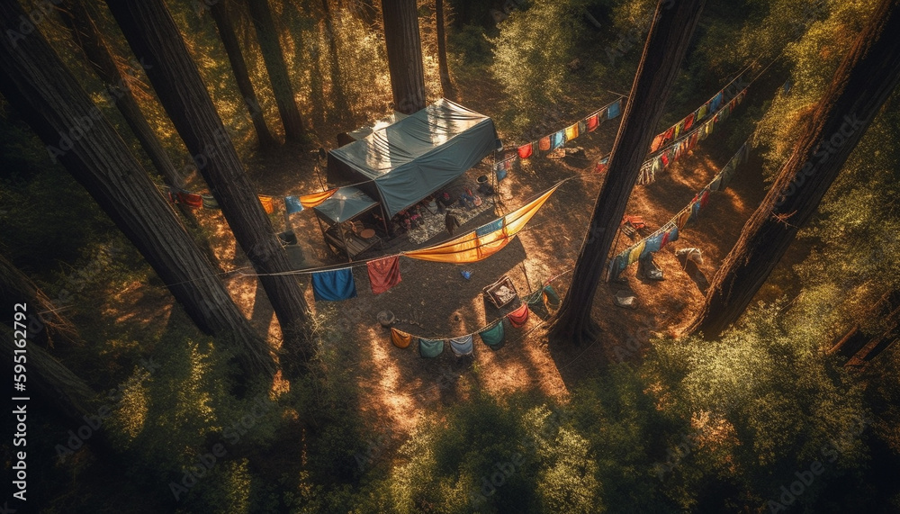 Hiking through the tranquil forest, camping adventure generated by AI