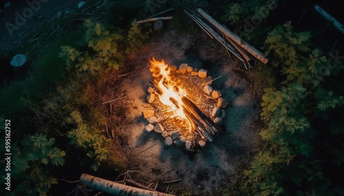 Glowing campfire heats outdoor gourmet meal perfectly generated by AI