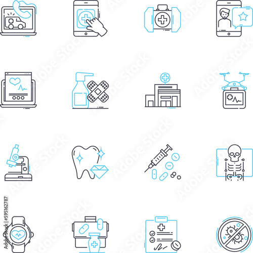 Dental procedures linear icons set. Extraction, Braces, Implant, Filling, Crown, Cleaning, Whitening line vector and concept signs. Root canal,Bonding,Invisalign outline illustrations