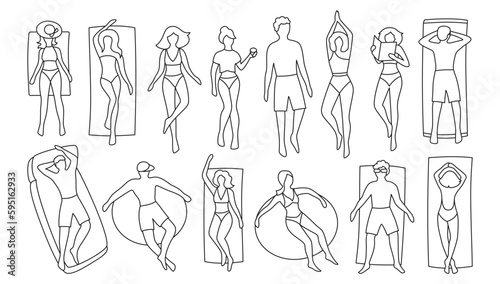 People at beach or seashore relaxing contour doodle set. Women, men in swimsuit rest in various positions, swimming sunbathing. Leisure outdoor activities, summer time beach flat vector illustration