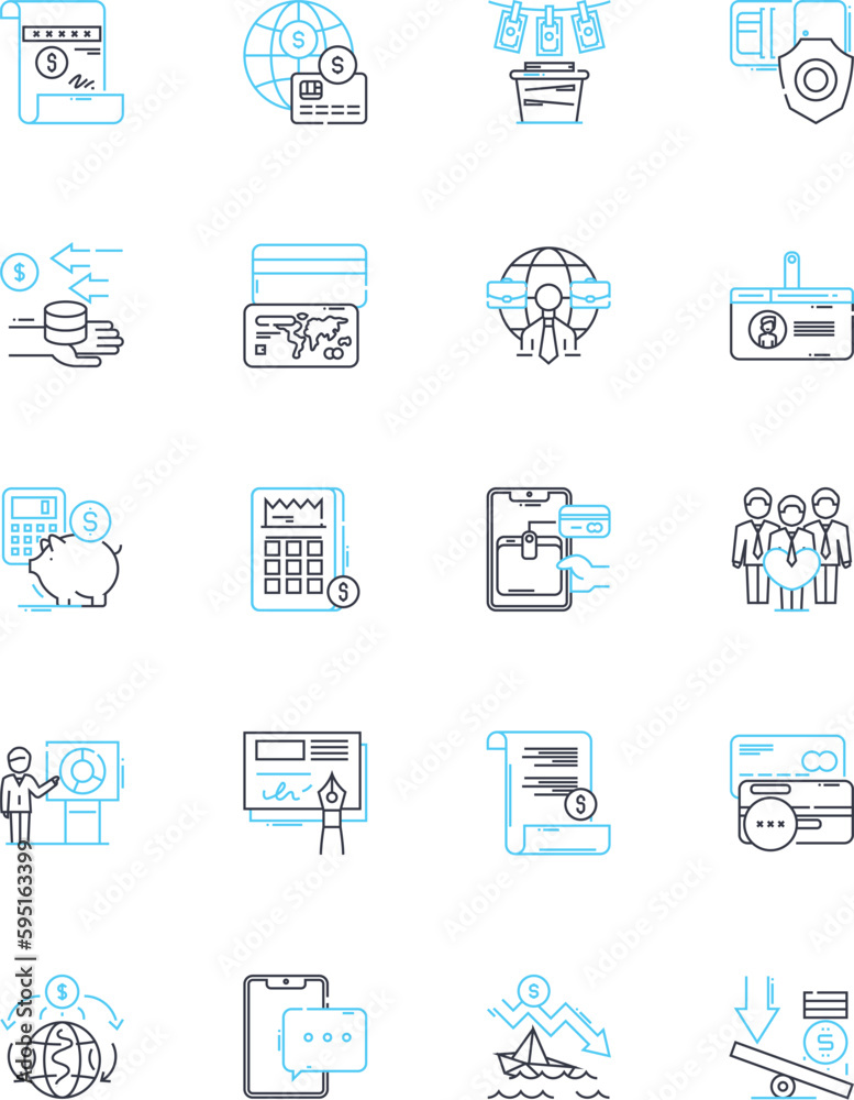 Fototapeta premium Blockchain-based finance linear icons set. Cryptocurrency, Decentralization, Transparency, Smart contracts, Security, Efficiency, Trustless line vector and concept signs. Immutable,Verification