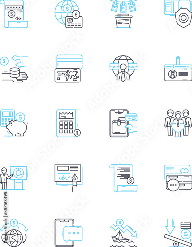Blockchain-based finance linear icons set. Cryptocurrency, Decentralization, Transparency, Smart contracts, Security, Efficiency, Trustless line vector and concept signs. Immutable,Verification