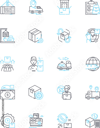Cargo services linear icons set. Shipping, Freight, Logistics, Transportation, Delivery, Export, Import line vector and concept signs. Warehousing,Forwarding,Haulage outline illustrations