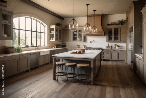 Beautiful rustic kitchen with lots of wood, generative ai