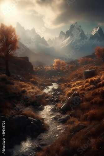 Autumn landscape with river and mountains, generative ai © FrankBoston