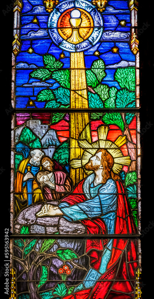 Jesus Christ Praying stained glass, Trinity Parish Church, Saint Augustine, Florida. Stained glass from mid-1800's