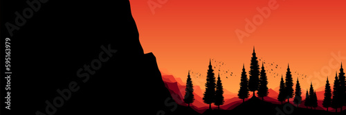 nature mountain panorama view horizon scenery landscape with forest silhouette vector illustration good for web banner, ads banner, tourism banner, wallpaper, background template, and adventure design