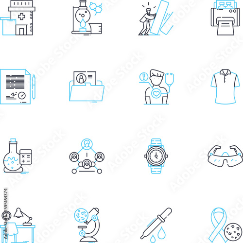 Pharmacology linear icons set. Medications, Drugs, Pharmacokinetics, Pharmacodynamics, Receptors, Toxicology, Dosage line vector and concept signs. Adverse effects,Side effects,Analgesics outline