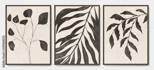 Art set of vector posters with abstract foliage of palms, eucalyptus in modern style. Botanical design with tropical plants for decor, print, cover, background, wallpaper, banner.