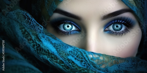 Beautiful Muslim Woman face portrait. Hijab. Close up of beauty arabian woman with perfect makeup. Traditional muslim dress, hijab. digital ai art